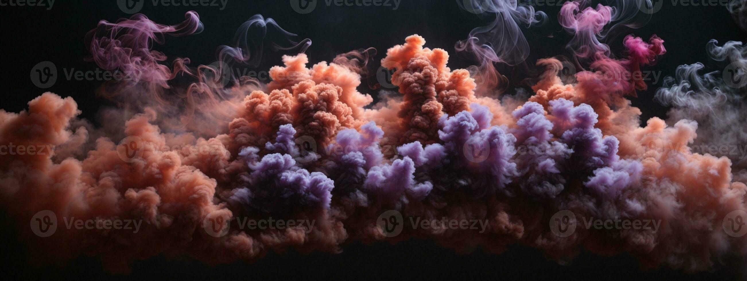 Dense multicolored smoke of red, purple and pink colors on a black isolated background. Background of smoke vape. AI generated photo