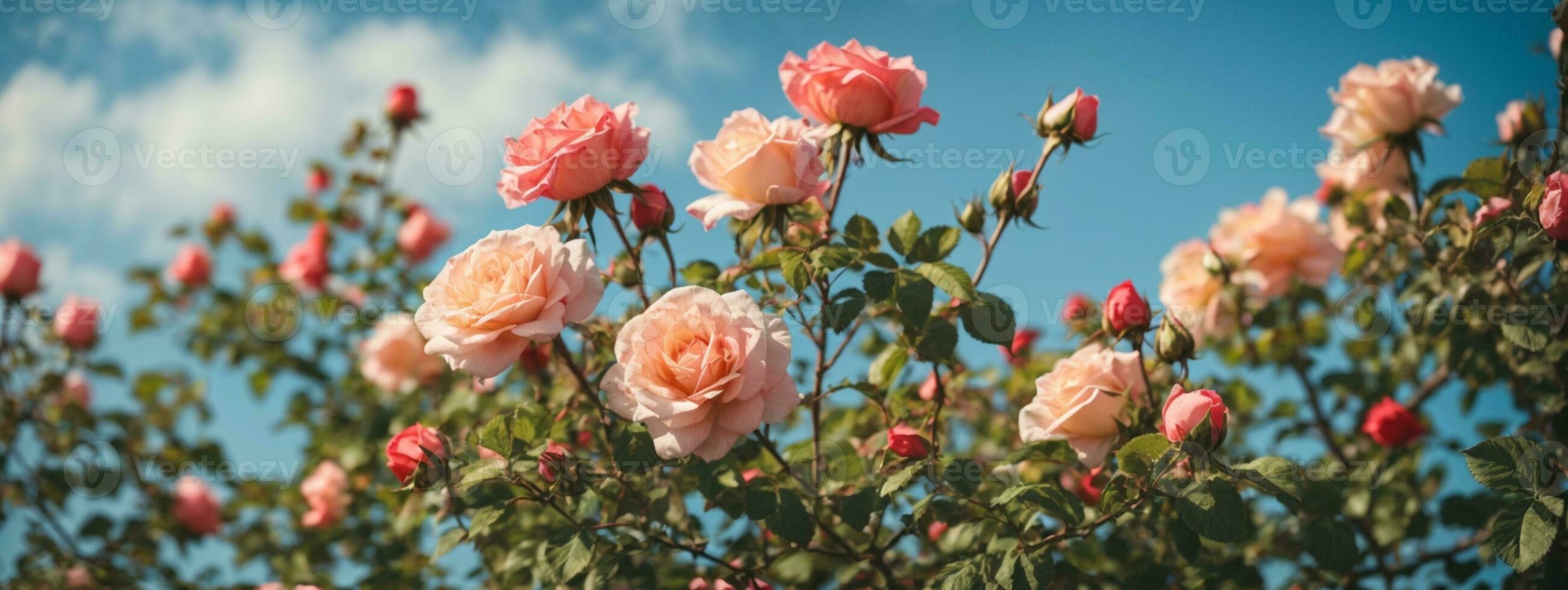 hermosa primavera borde, floreciente Rosa arbusto en un azul antecedentes. floración Rosa caderas en contra el azul cielo. suave selectivo enfocar. ai generado foto