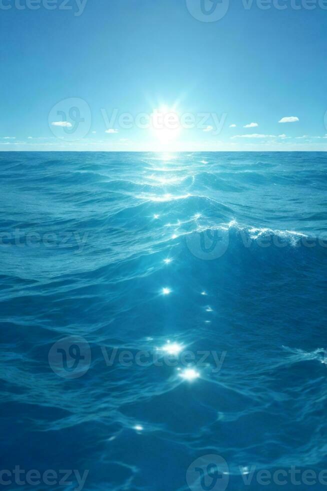 Blue ocean panorama with sun reflection, The vast open sea with clear sky, Ripple wave and calm sea with beautiful sunlight. AI generated photo