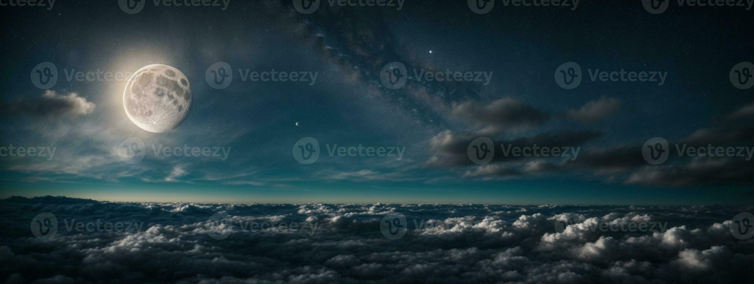 Romantic Moon In Starry Night Over Clouds. AI generated photo
