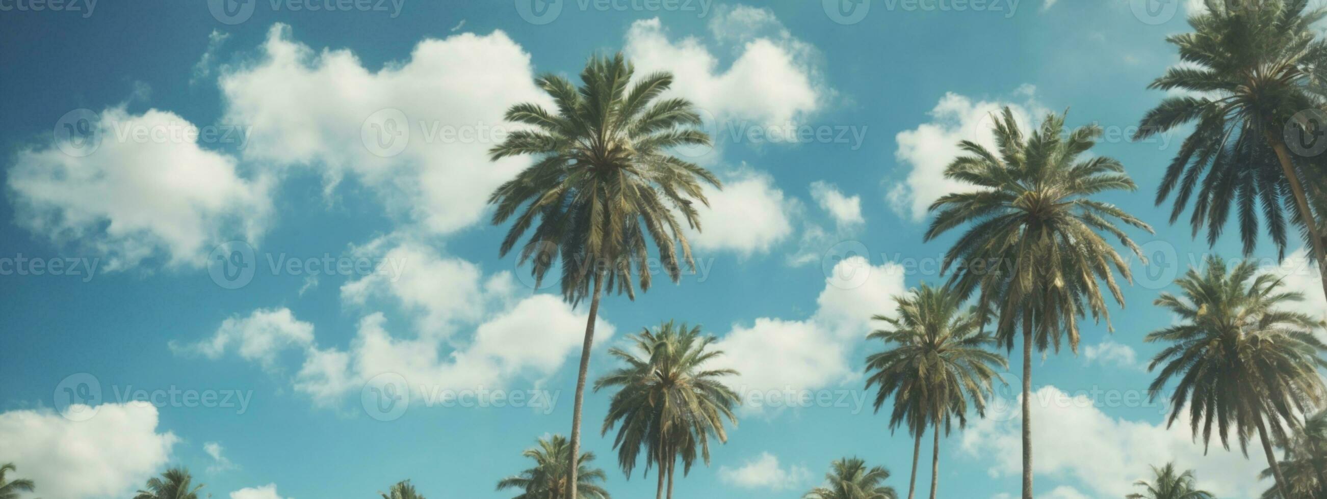 Blue sky and palm trees view from below, vintage style, tropical beach and summer background, travel concept. AI generated photo