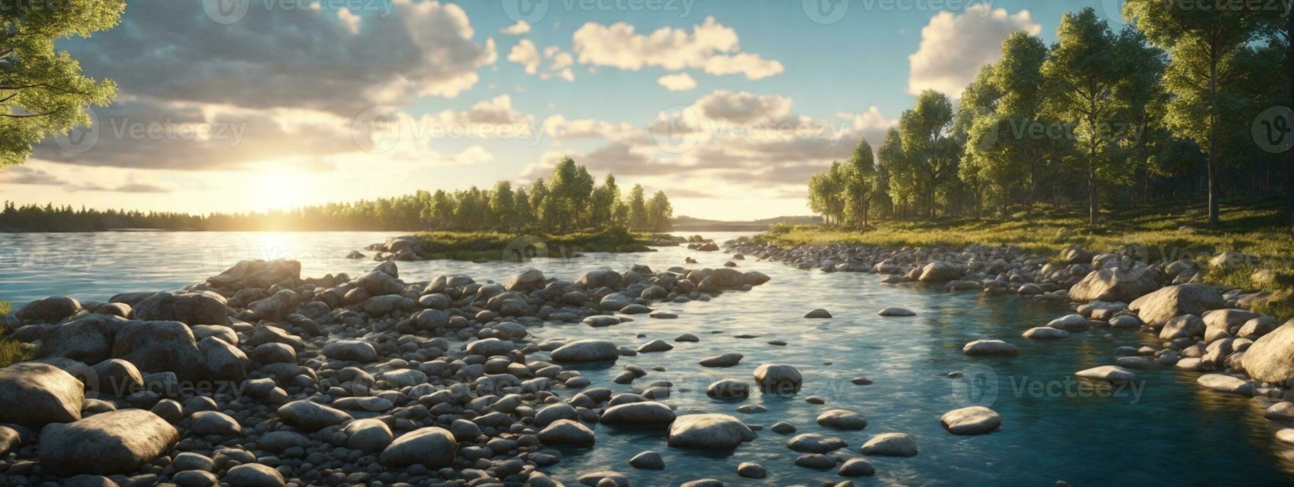 bosque río con piedras en costas a puesta de sol. ai generado foto