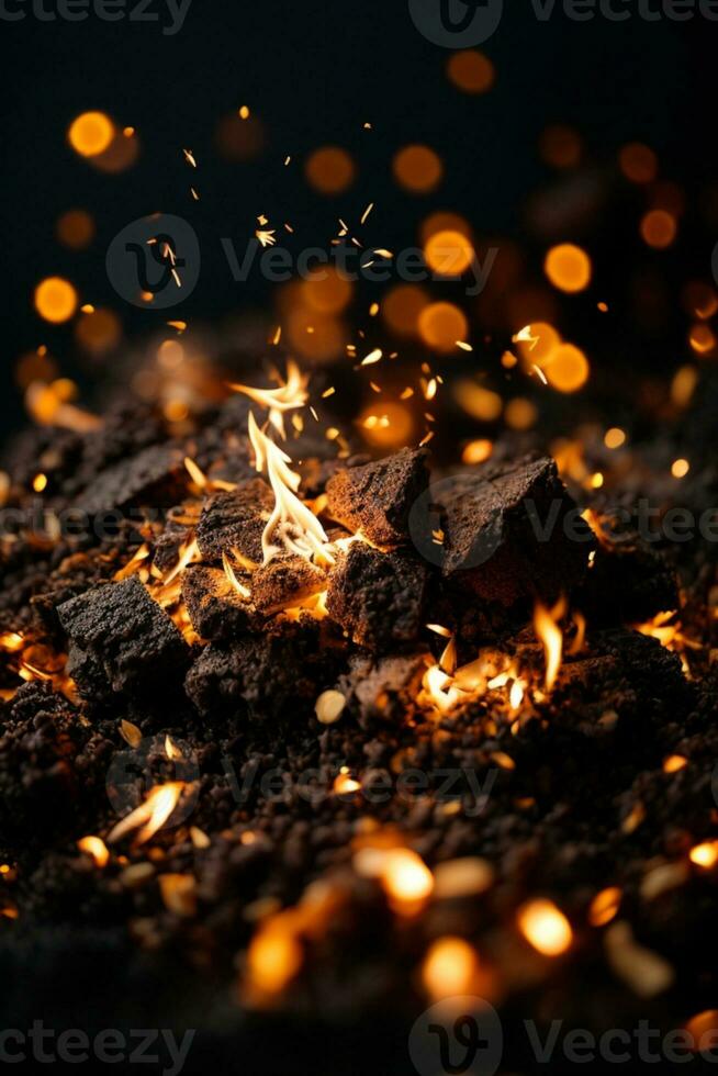 Detail of fire sparks isolated on black background. AI generated photo