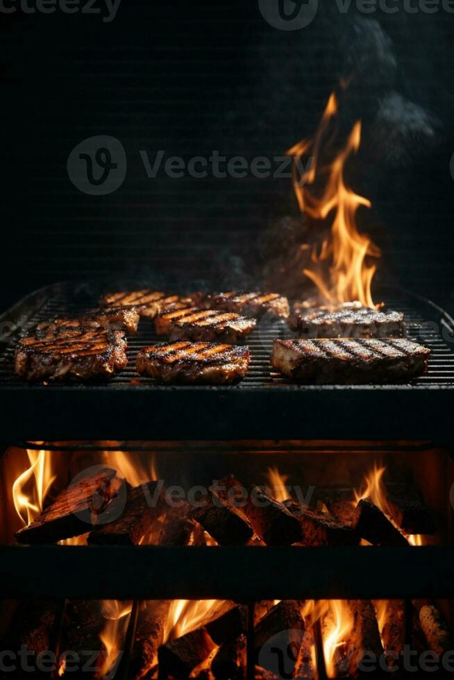 parrilla antecedentes - vacío despedido parilla en negro. ai generado foto