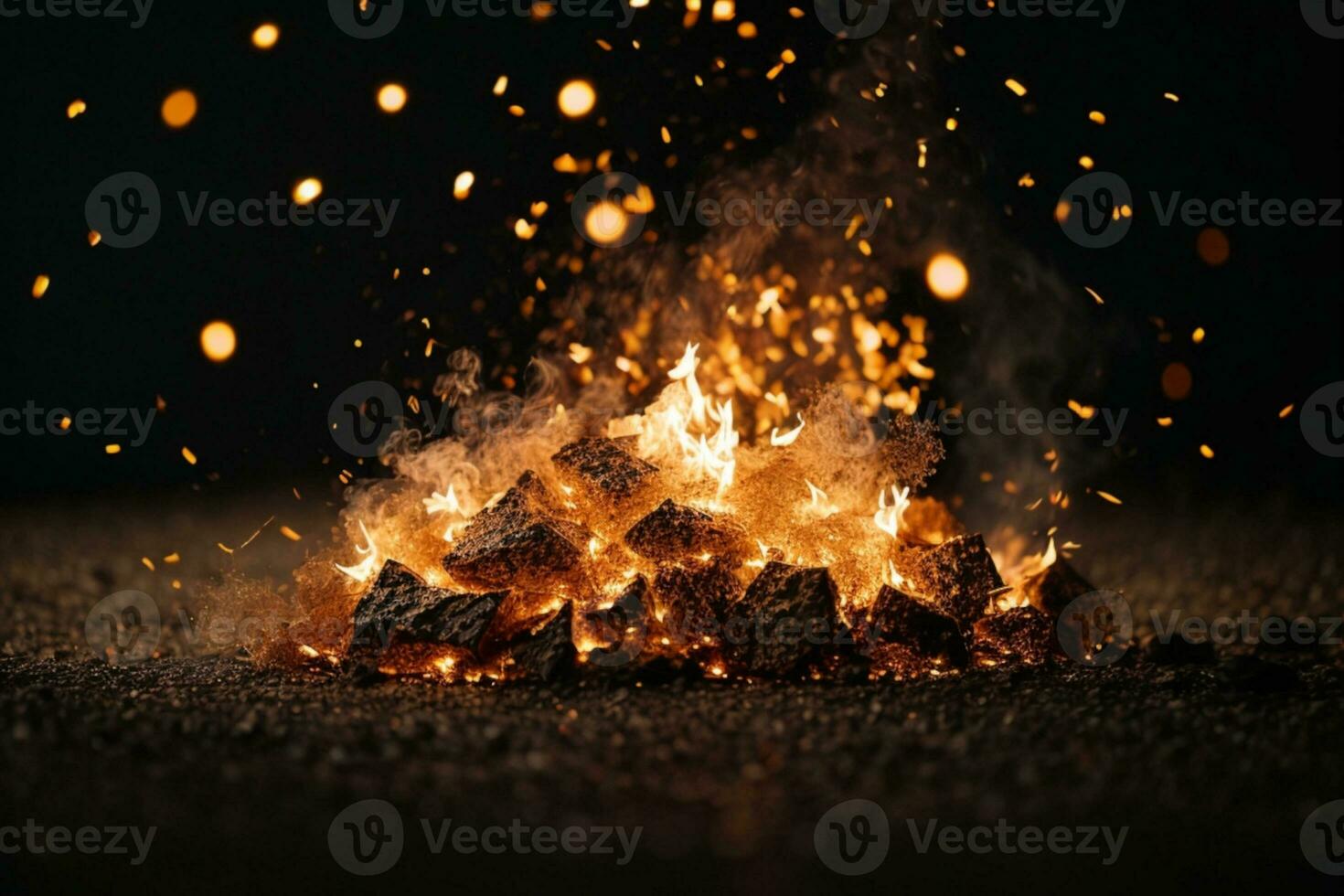 Detail of fire sparks isolated on black background. AI generated photo