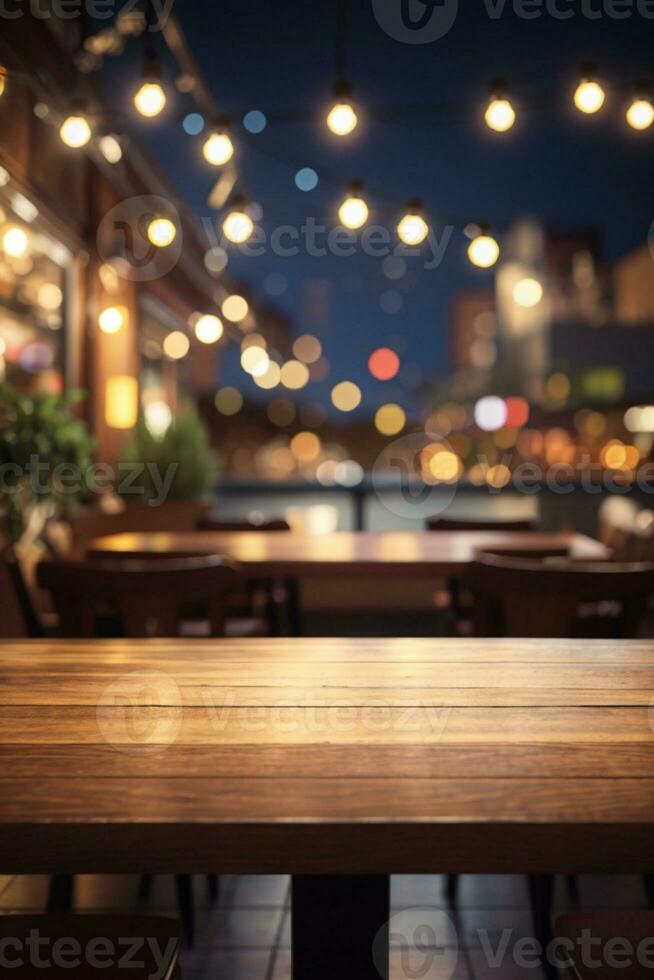 Empty wooden table top with lights bokeh on blur restaurant background.. AI generated photo