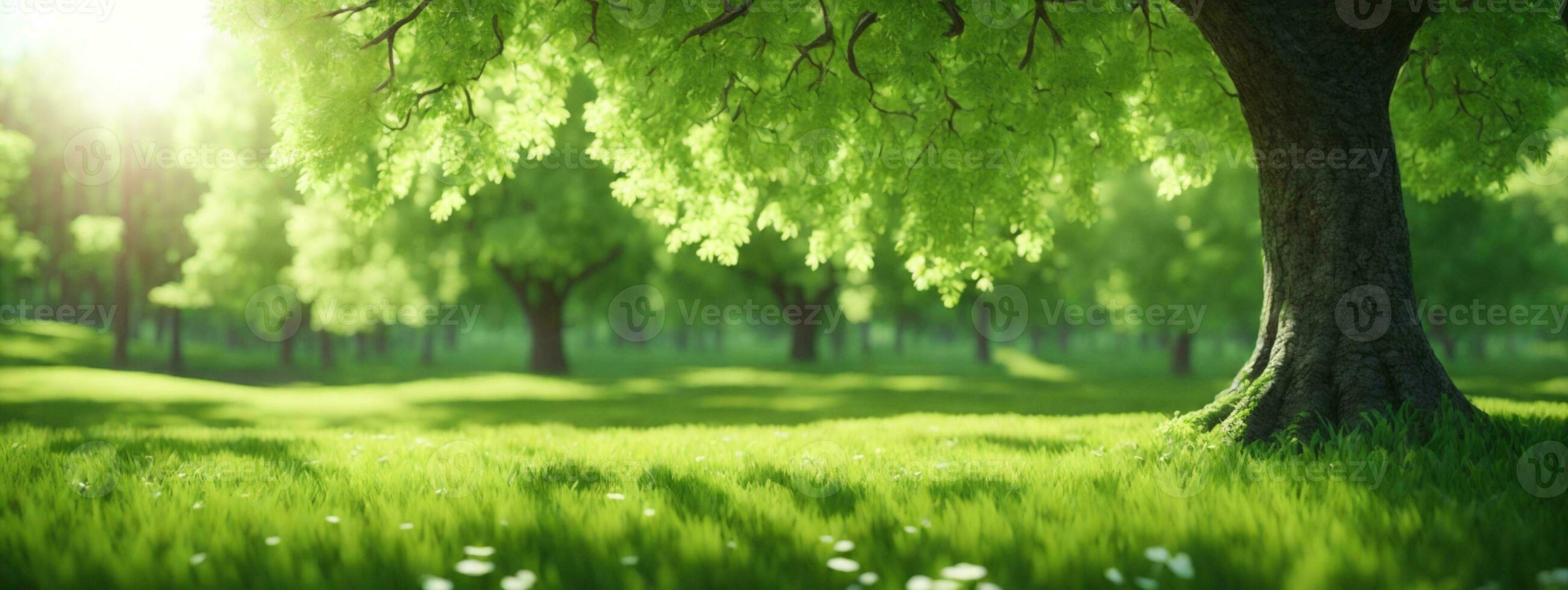 Spring Nature. Beautiful Landscape. Green Grass and Trees. AI generated photo