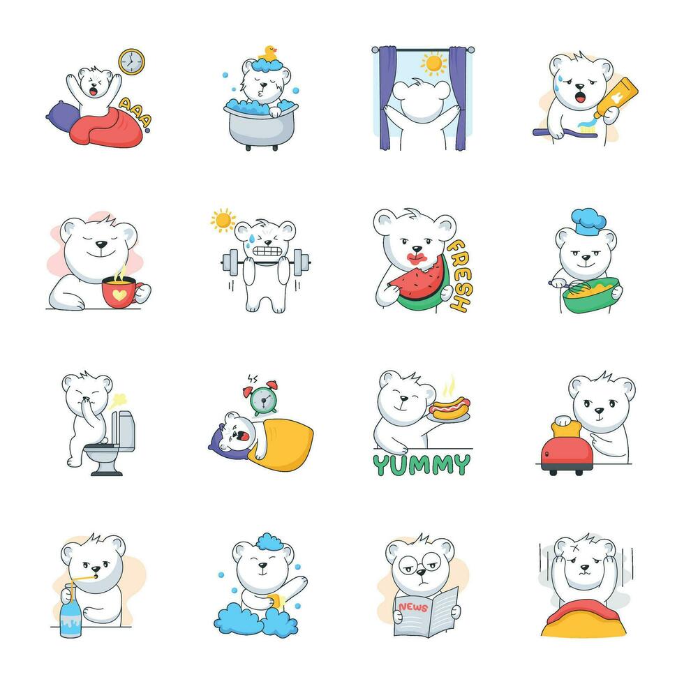 Cute Collection of Good Morning Bear Flat Stickers vector