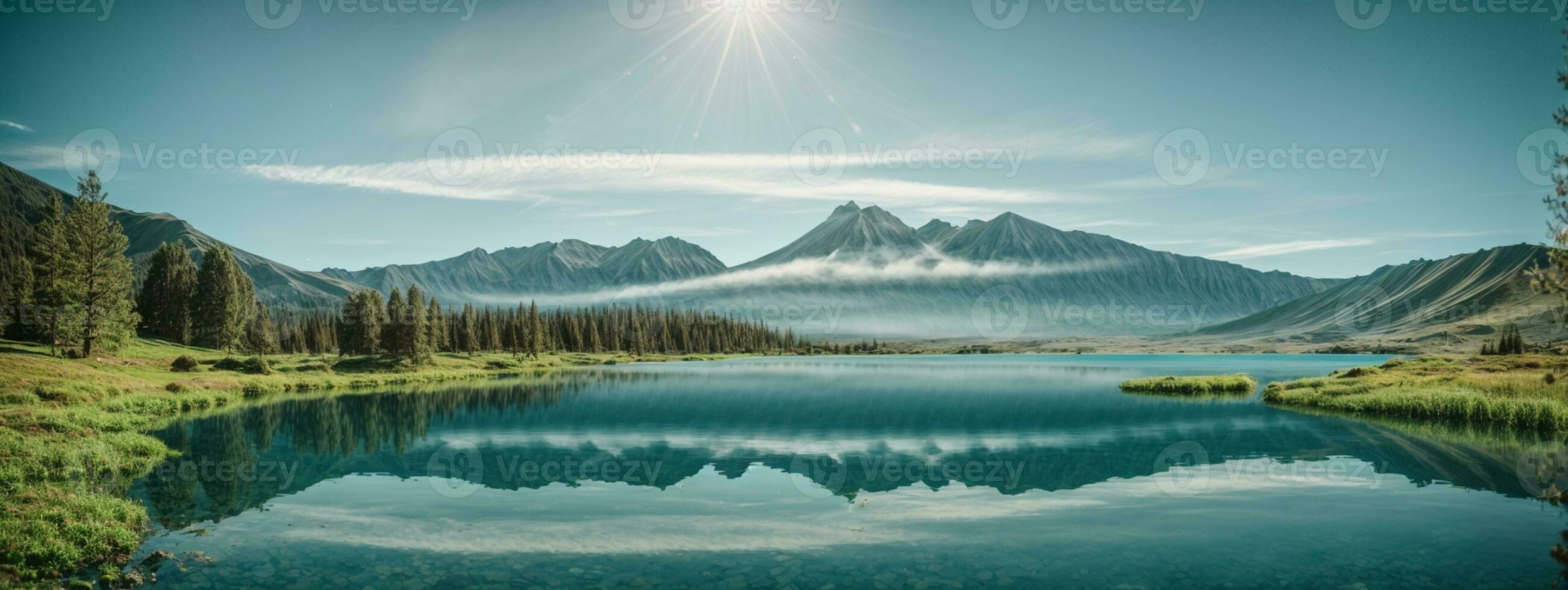 Volcanic mountain in morning light reflected in calm waters of lake.. AI generated photo