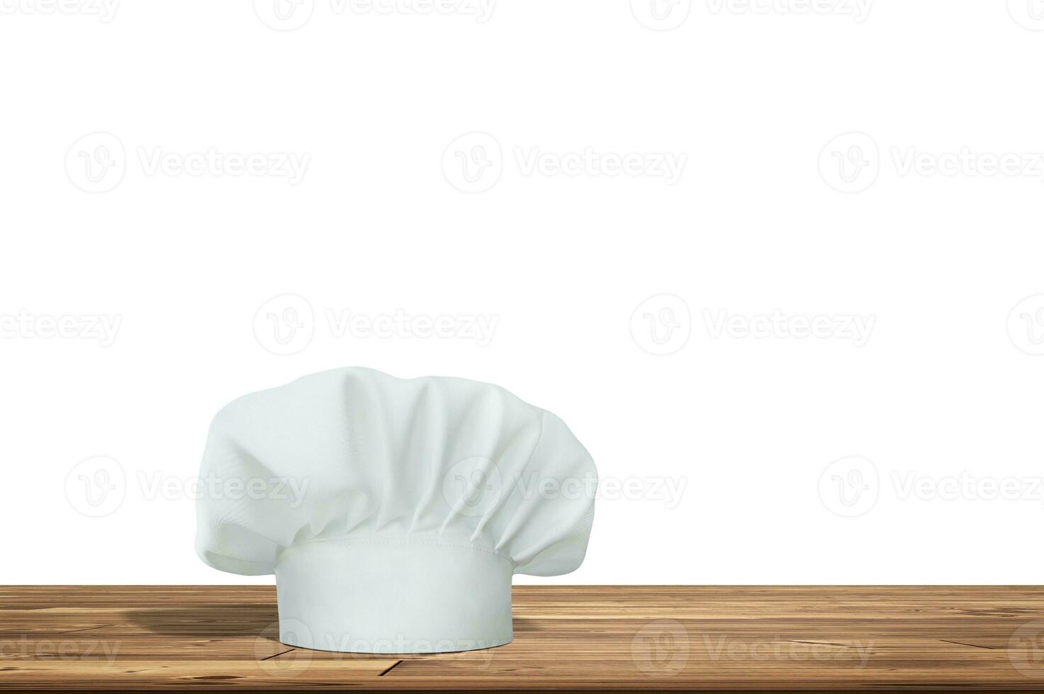 Wooden table with empty space and kitchen hat isolated on white background. photo