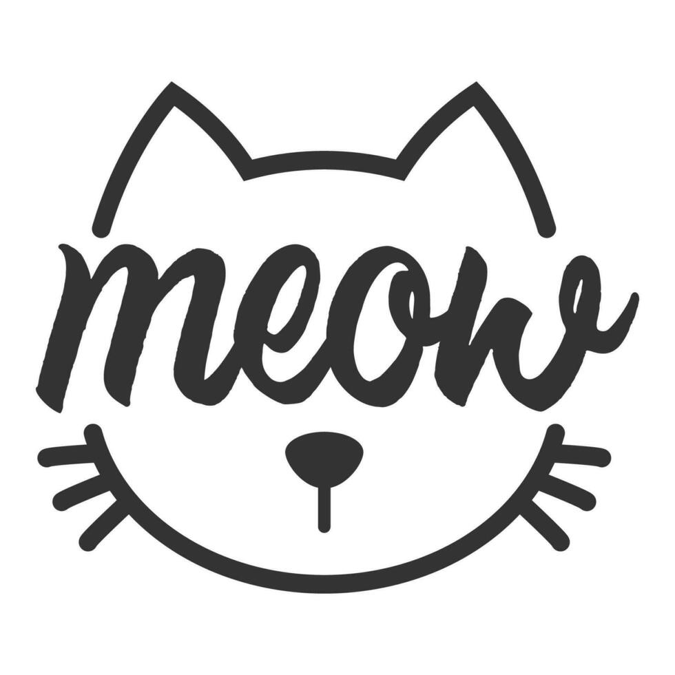 Meow lettering inside cat head pictogram, with ears and whiskers. Cute design for feline lovers and cat moms. vector