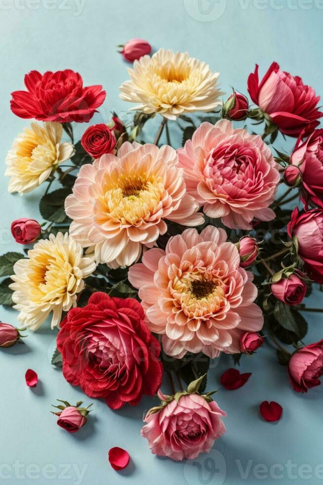 Flowers composition. Rose flowers on blue background. Valentines day, mothers day, womens day concept. Flat lay, top view, copy space. AI generated photo