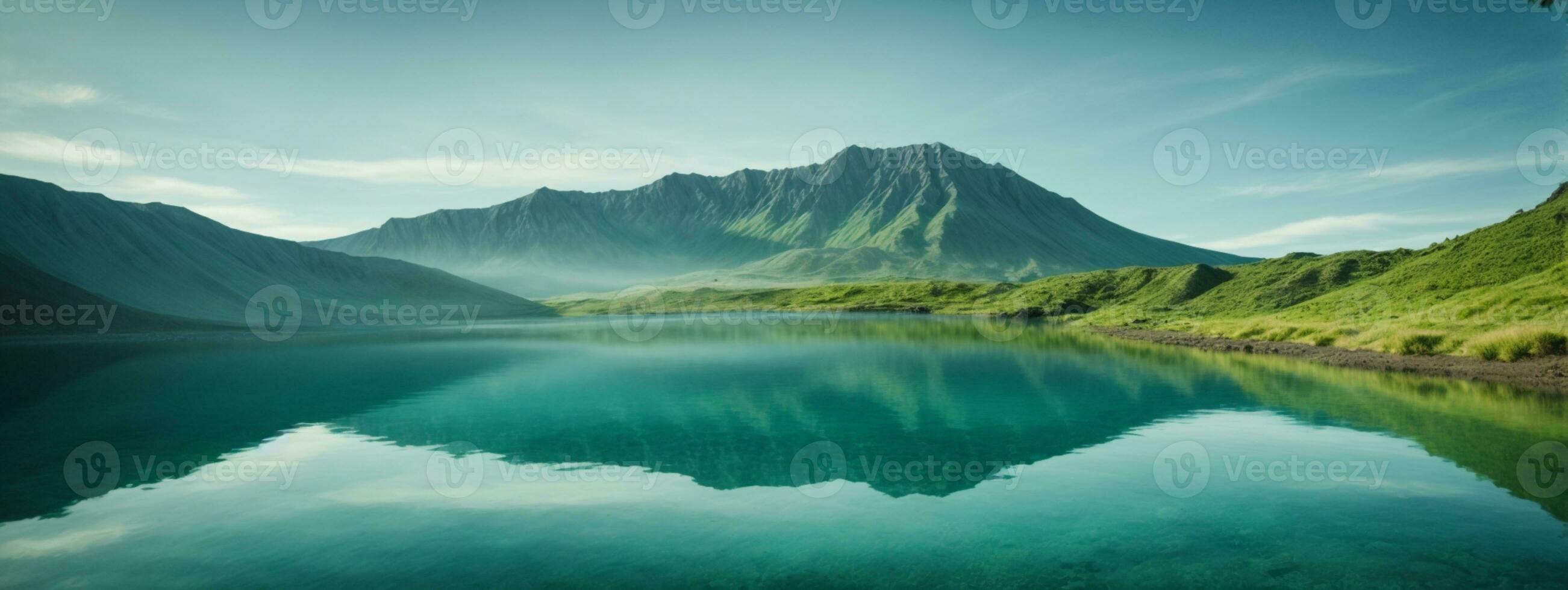 Volcanic mountain in morning light reflected in calm waters of lake.. AI generated photo