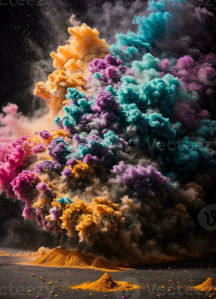 Abstract powder splatted background. Colorful powder explosion on white background. Colored cloud. Colorful dust explode. Paint Holi. AI generated photo