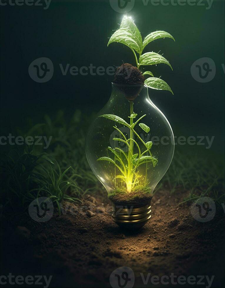 Green concept green light bulb with green life and enviroment. AI Generative photo