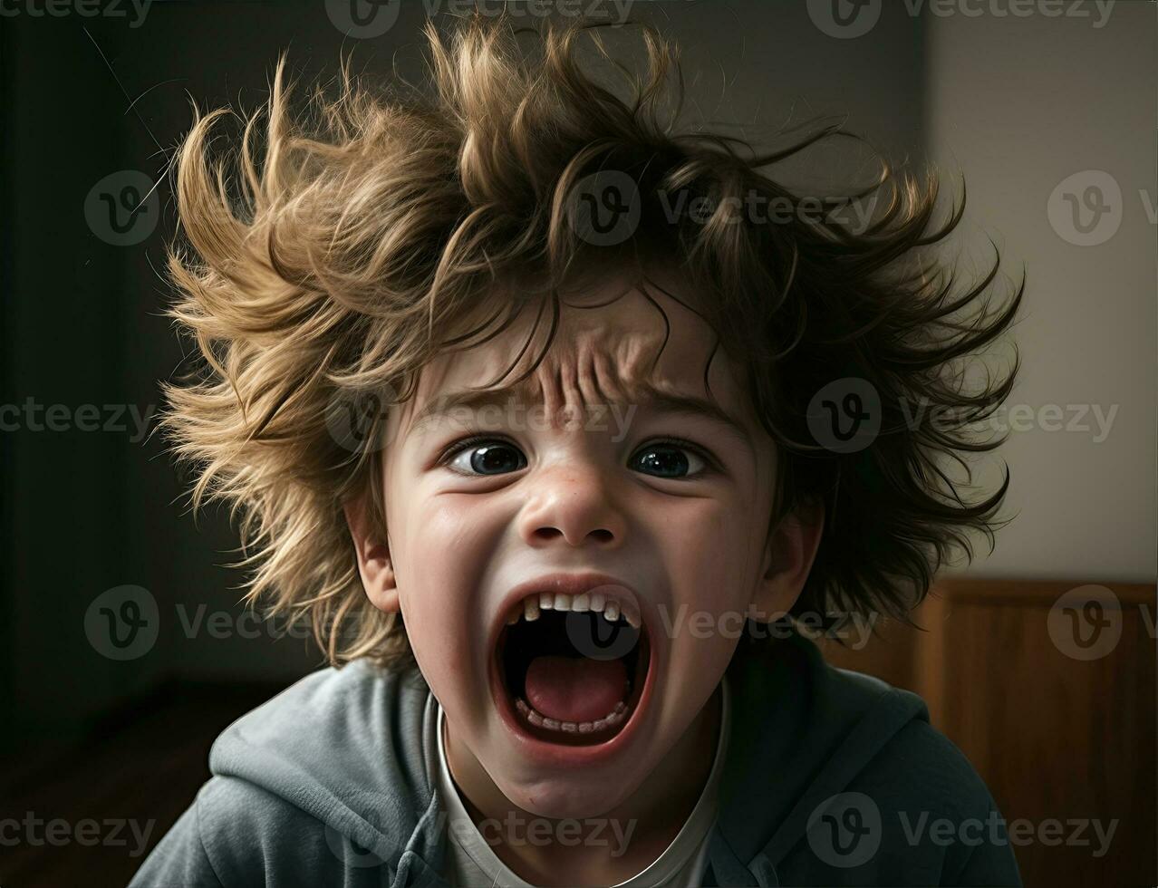 Angry kids in agony screaming, closeup. Mental health problems, AI Generative photo