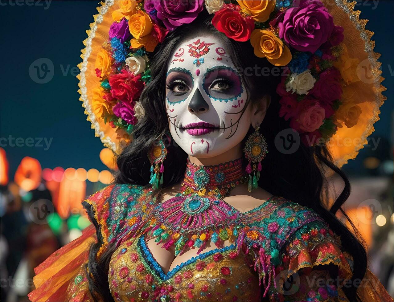 hermosa mujer con pintado cráneo en su cara para de mexico día de el muerto, ai generativo foto