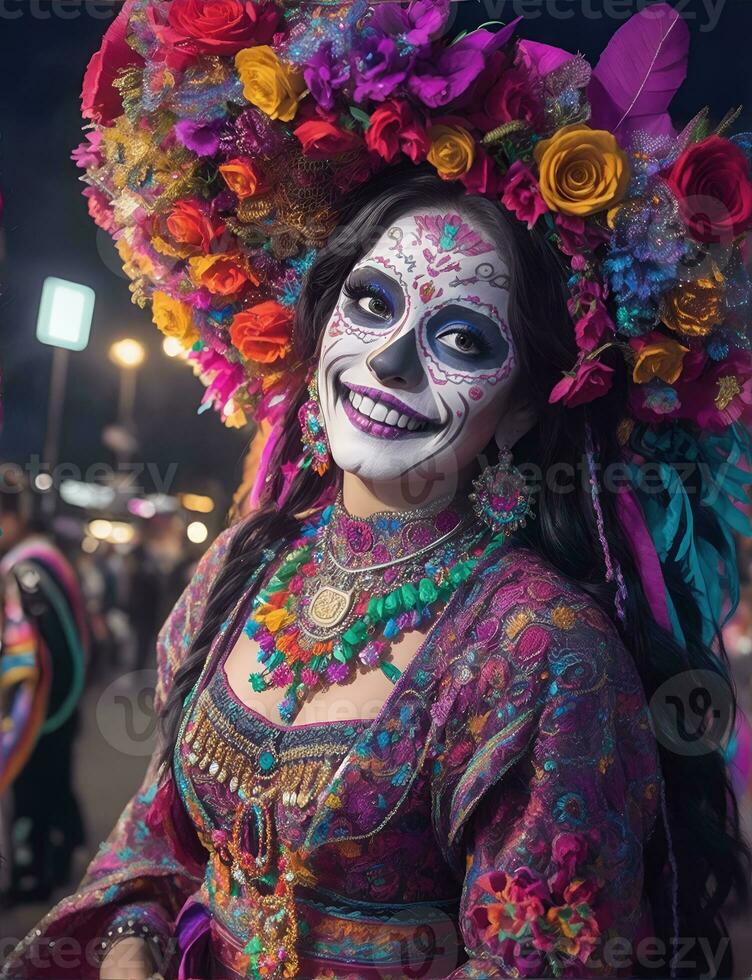 hermosa mujer con pintado cráneo en su cara para de mexico día de el muerto, ai generativo foto