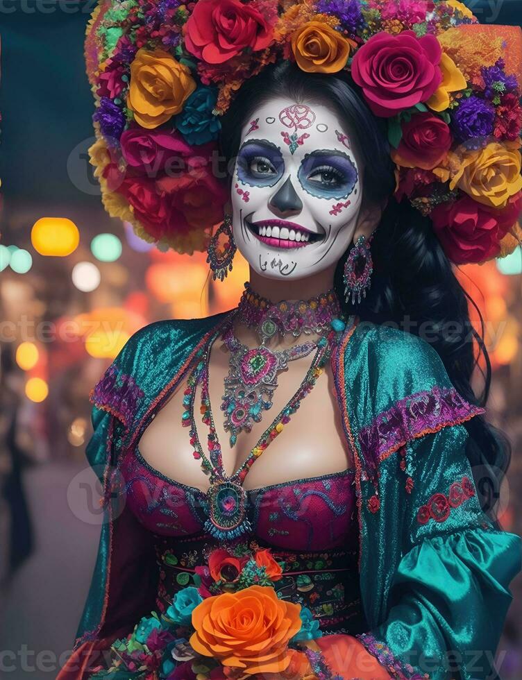 hermosa mujer con pintado cráneo en su cara para de mexico día de el muerto, ai generativo foto