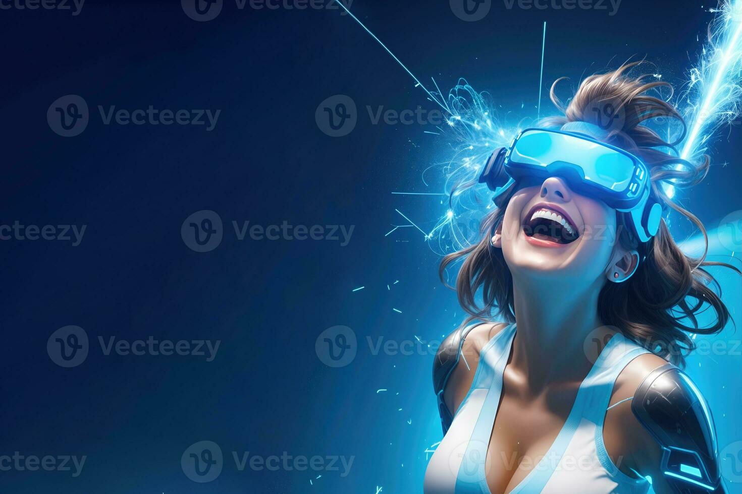 AI Generative, woman having fun in virtual reality, VR glasses photo
