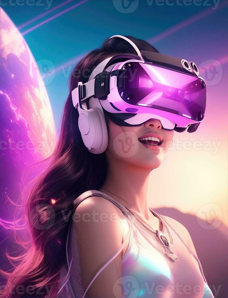 AI Generative, woman having fun in virtual reality, VR glasses photo