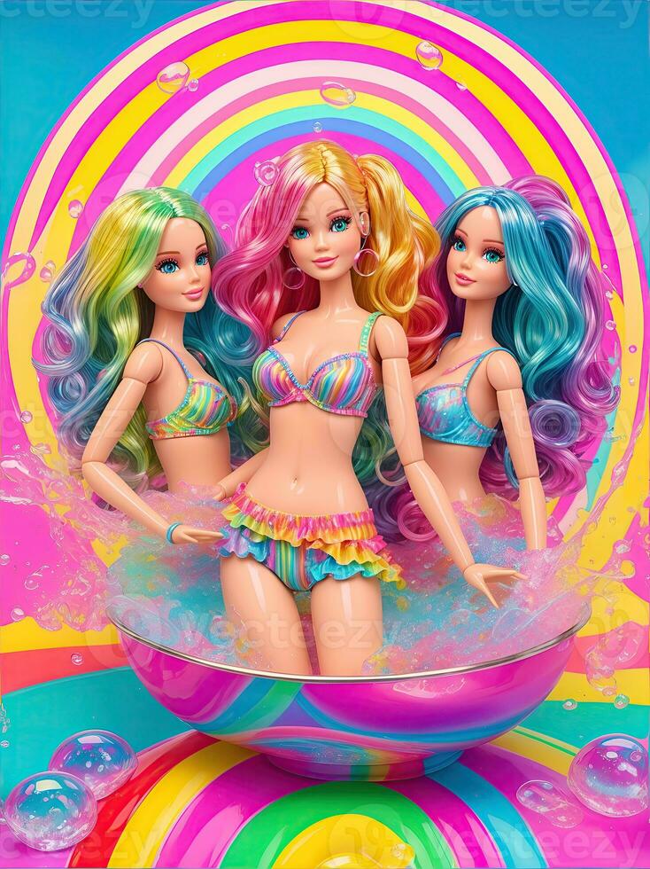 AI Generative, beautiful women styled like dolls with rainbow colors photo