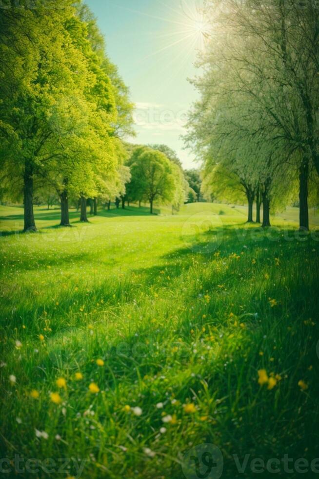 Spring Nature. Beautiful Landscape. Green Grass and Trees. AI generated photo