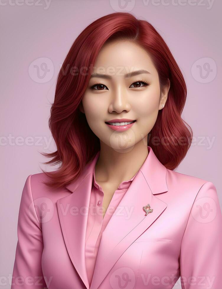 AI Generative, smiling young businesswoman in beige suit looking at camera over white background photo