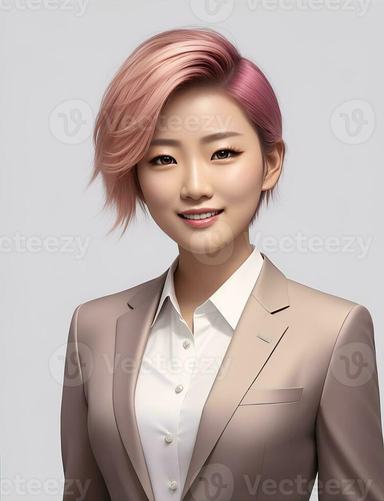 AI Generative, smiling young businesswoman in beige suit looking at camera over white background photo