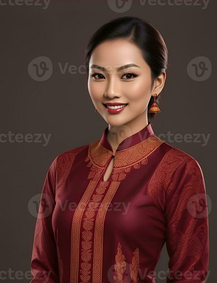 AI Generative, smiling young businesswoman in beige suit looking at camera over white background photo