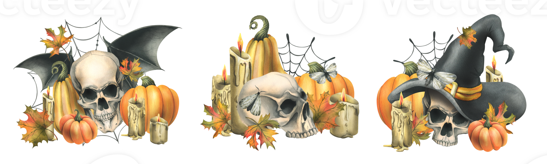 mänsklig skallar med häxa hatt, fladdermus vingar, pumpor, höst löv och ljus. hand dragen vattenfärg illustration för halloween. uppsättning av annorlunda kompositioner png
