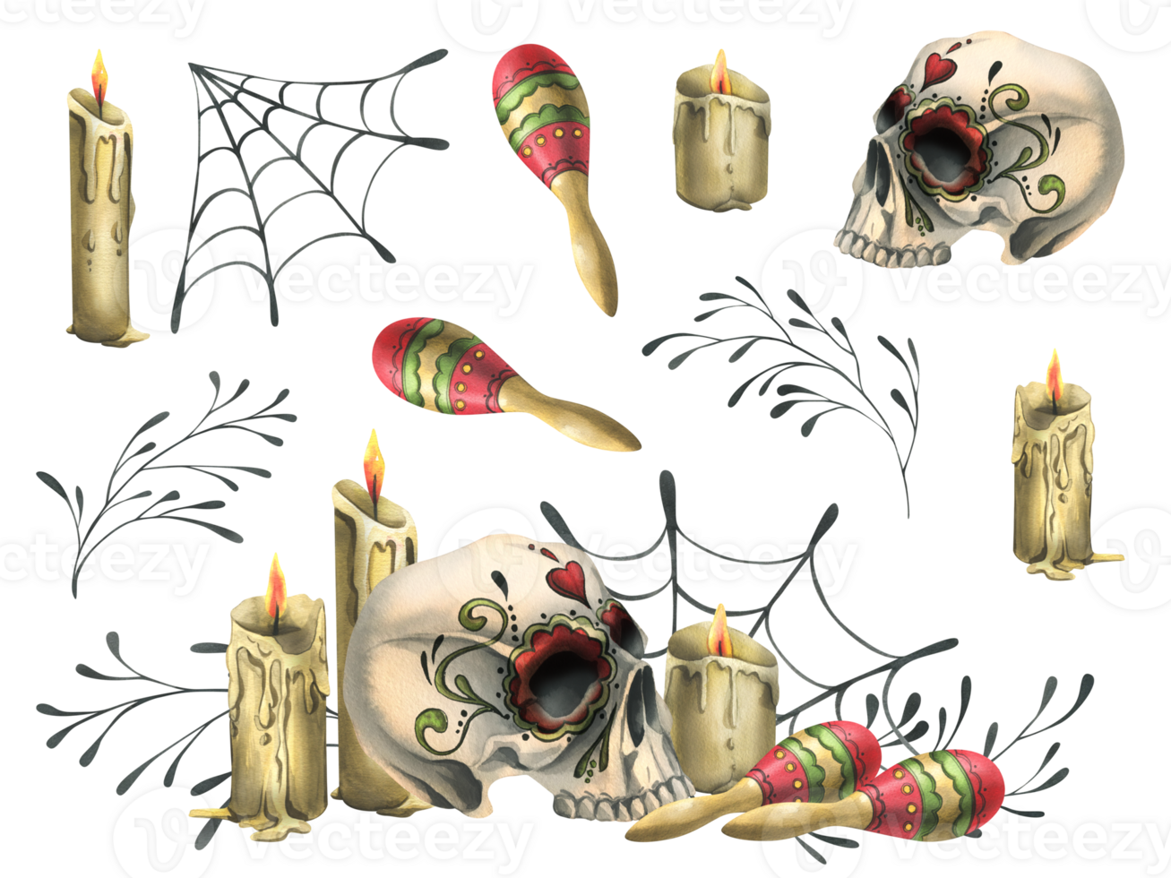 Human skull with an ornament, candles cobwebs and maracas. Hand drawn watercolor illustration for day of the dead, Halloween, Dia de los muertos. Set of isolated elements png