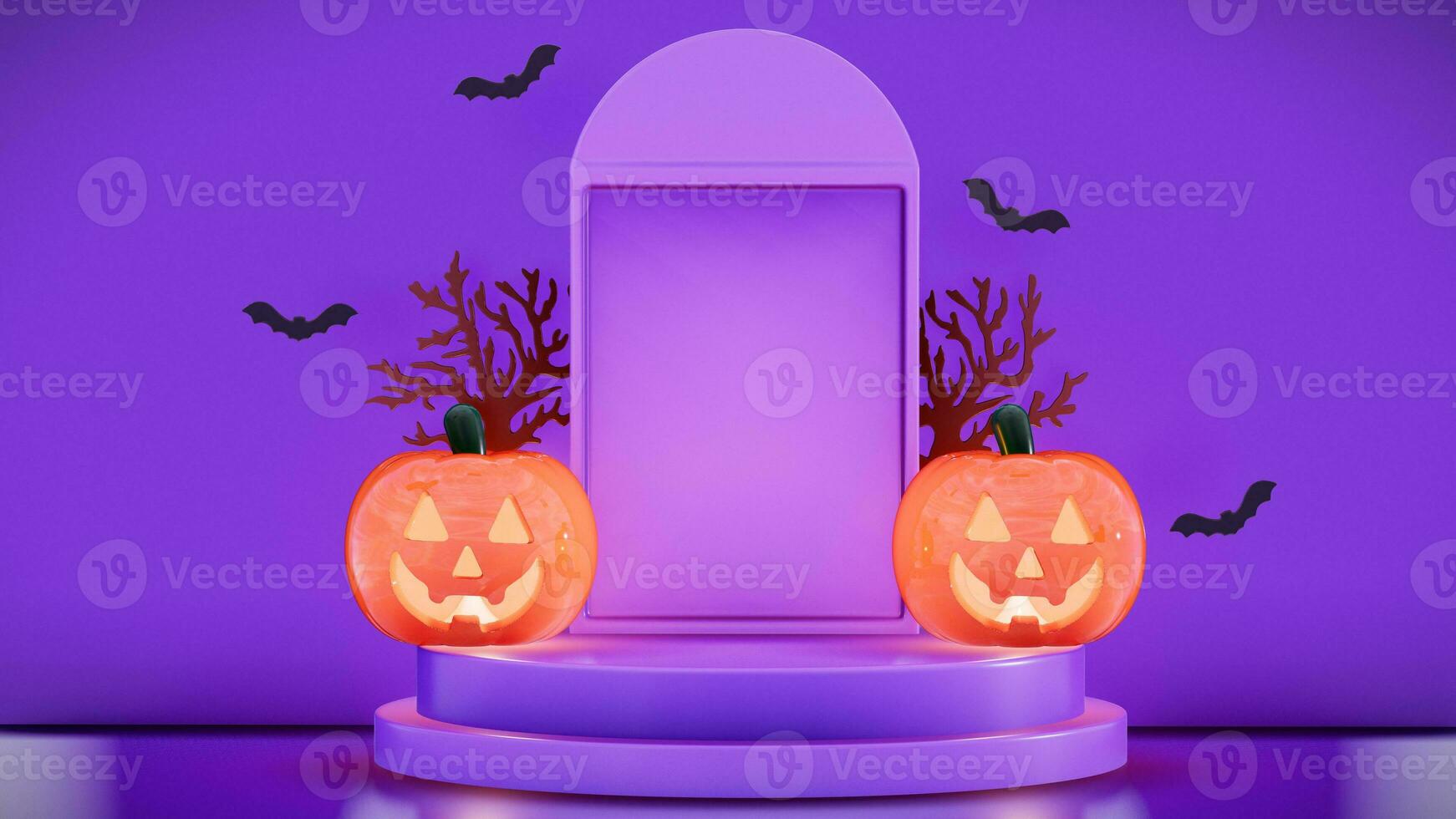 Halloween background design with podium for product advertising , banner , mockup , presentation on a purple background . 3D rendering photo