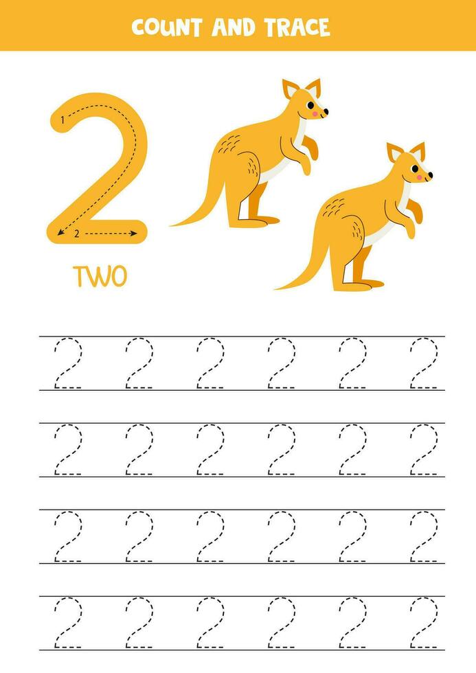 Trace numbers. Number 2 two. Cute cartoon kangaroos. vector