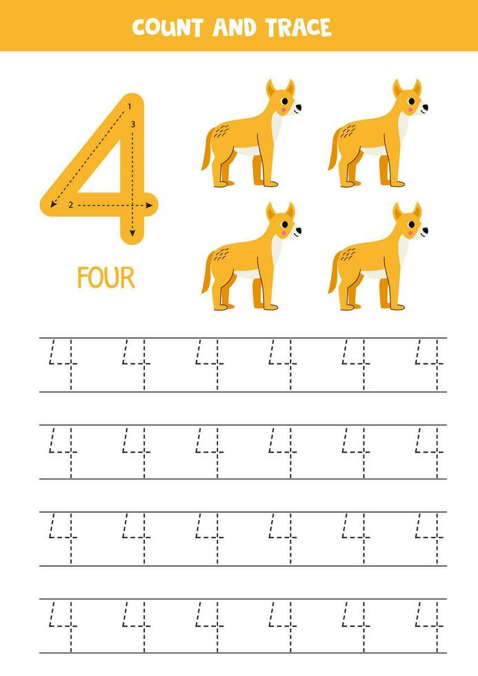 rastro números. número 4 4 cuatro linda dibujos animados dingo perro. vector