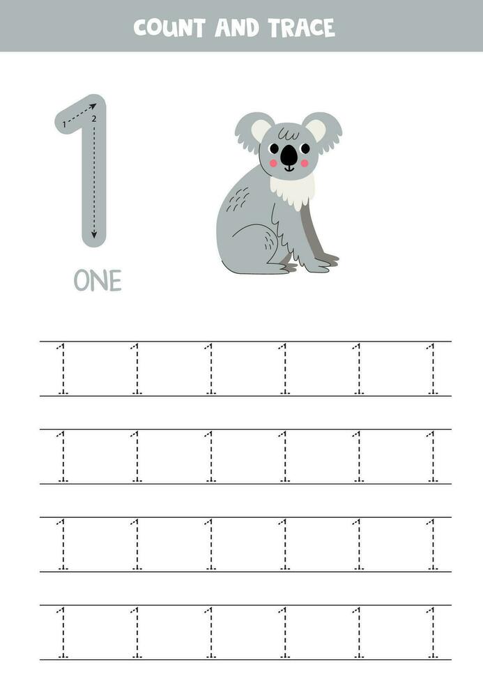 Trace numbers. Number 1 one. Cute cartoon koala. vector