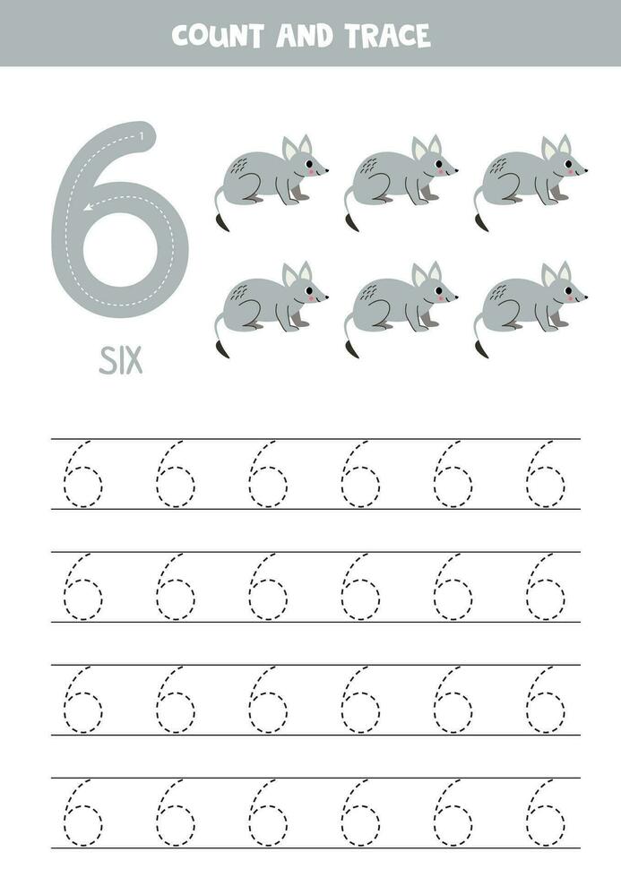 Trace numbers. Number 6 six. Cute cartoon bandicoot. vector