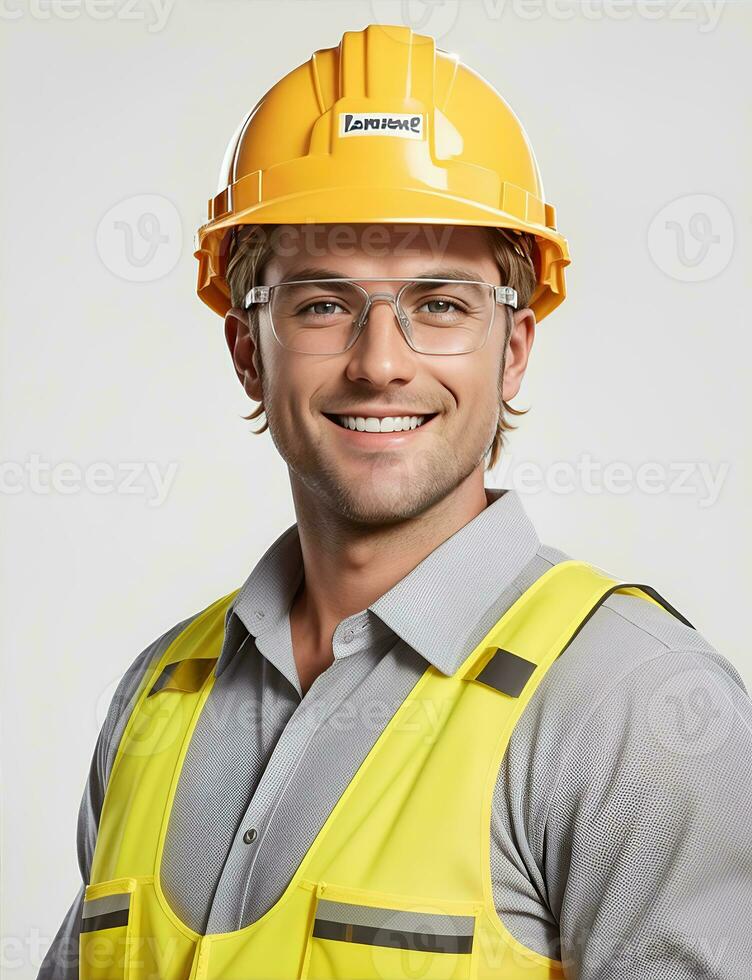 ai generativo, joven hombre sitio ingeniero con un la seguridad chaleco y casco de seguridad foto