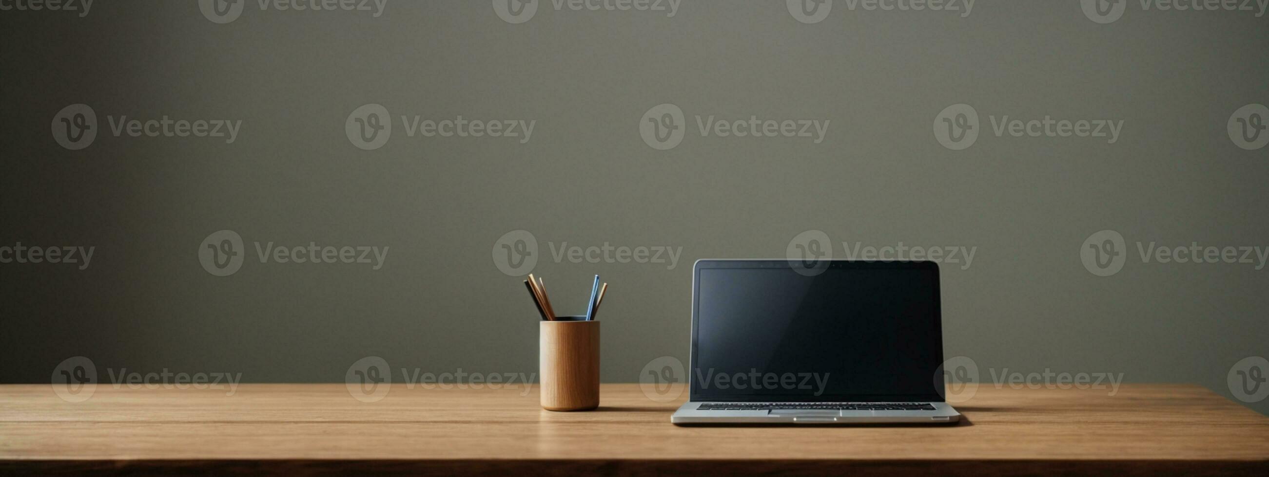 Wood office desk table with laptop computer, cup of coffee and supplies. Top view with copy space, flat lay.. AI generated photo