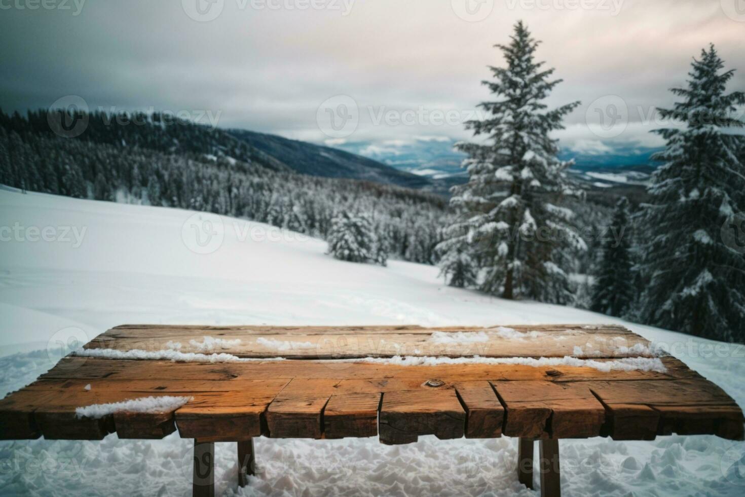 Old wood texture with snow and firtree. AI generated photo