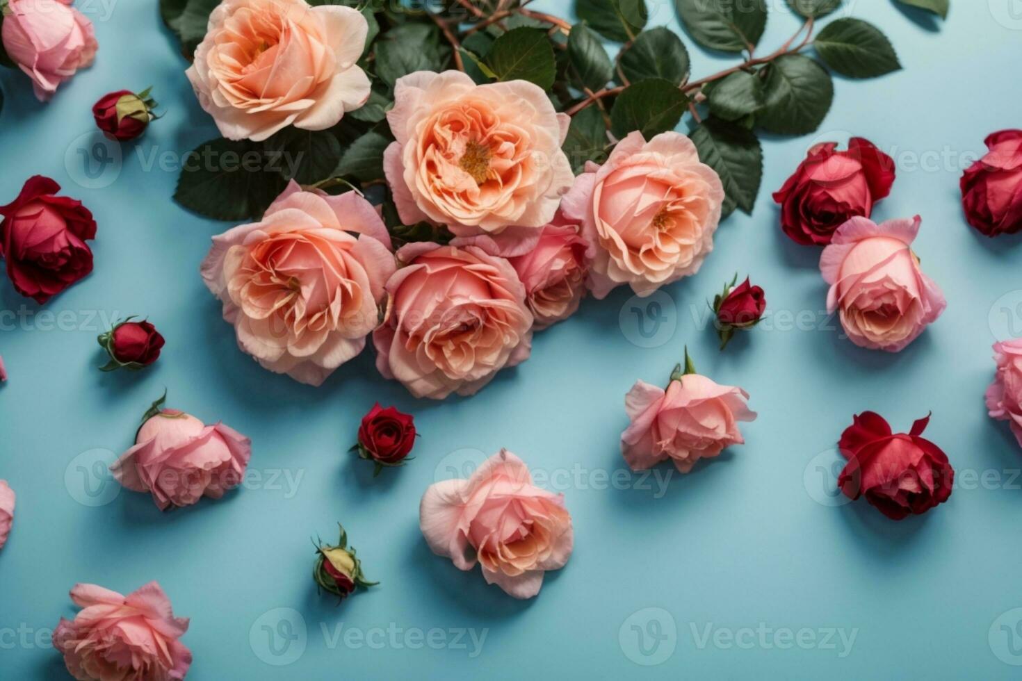 Flowers composition. Rose flowers on blue background. Valentines day, mothers day, womens day concept. Flat lay, top view, copy space. AI generated photo