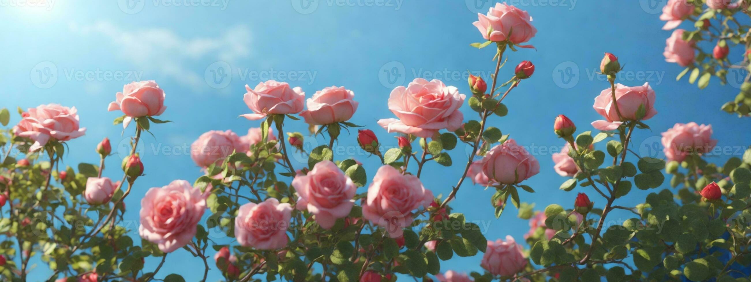 hermosa primavera borde, floreciente Rosa arbusto en un azul antecedentes. floración Rosa caderas en contra el azul cielo. suave selectivo enfocar. ai generado foto