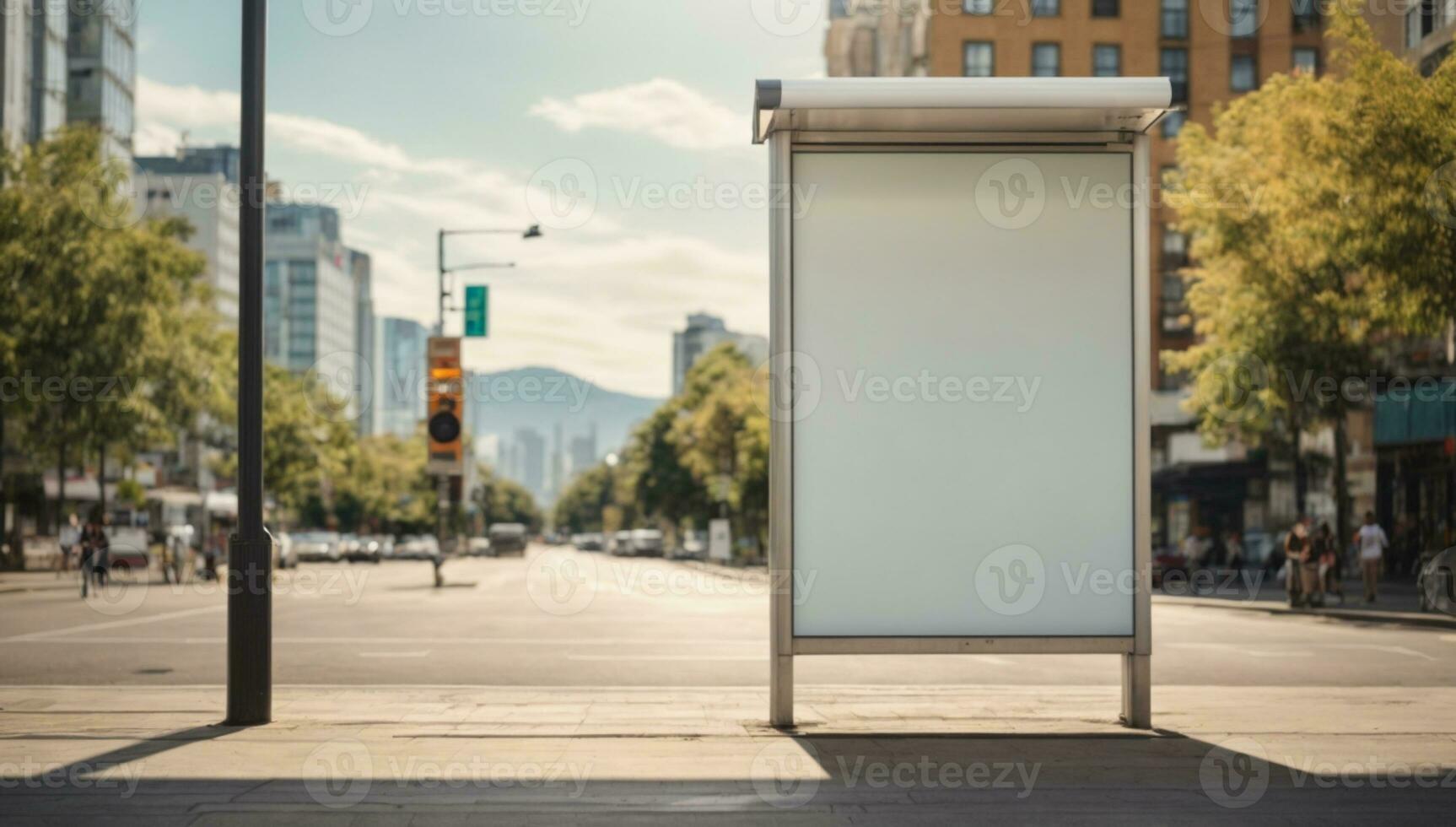 Vertical blank white billboard at bus stop on city street. In the background buildings and road. Mock up. Poster on street next to roadway. Sunny summer day.. AI generated photo