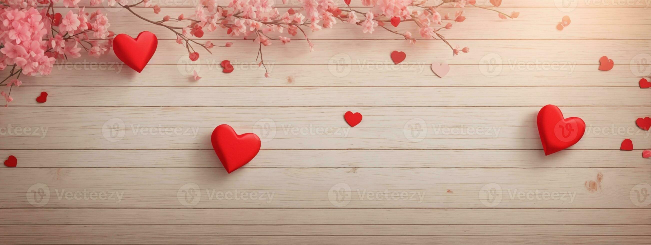 Valentines day background with red hearts on wooden background. AI generated photo