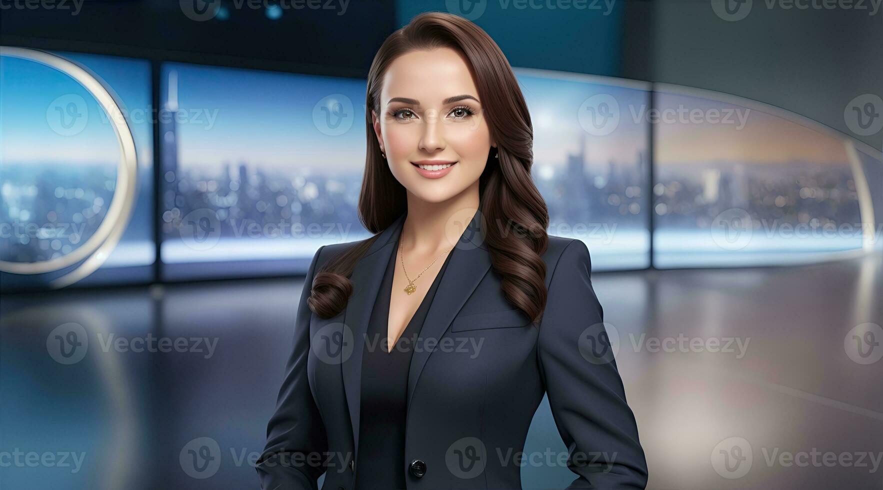 a photo of a tv news female presenter on a popular channel. live stream broadcast on television. AI Generative