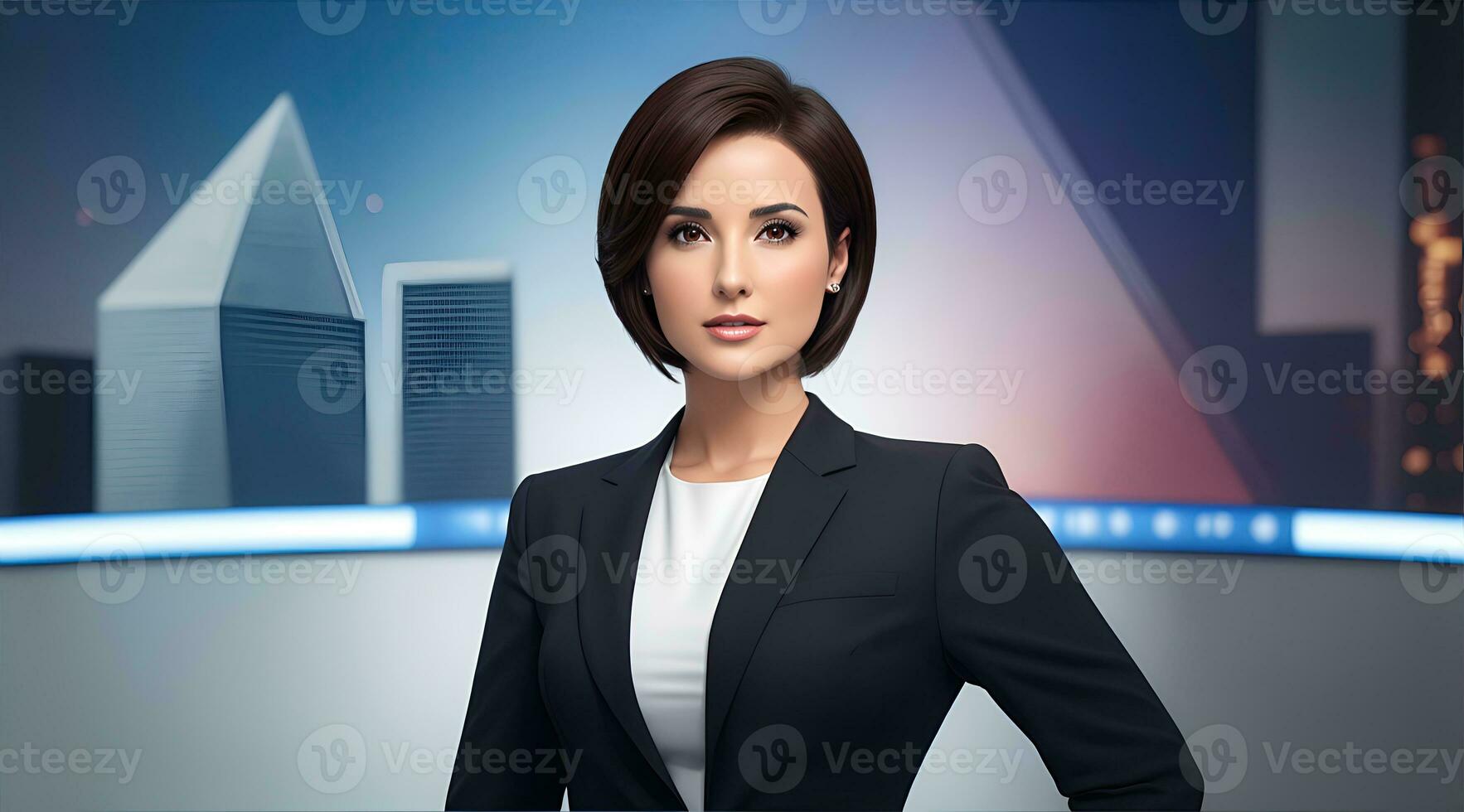 a photo of a tv news female presenter on a popular channel. live stream broadcast on television. AI Generative