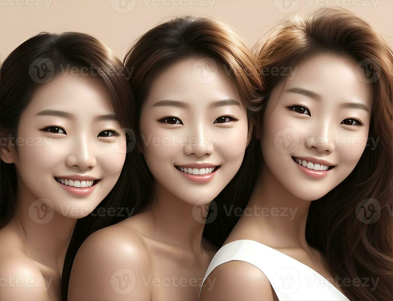 AI Generative, Nature young Beauty. Multi Ethnic Group of Womans with diffrent types of skin together photo