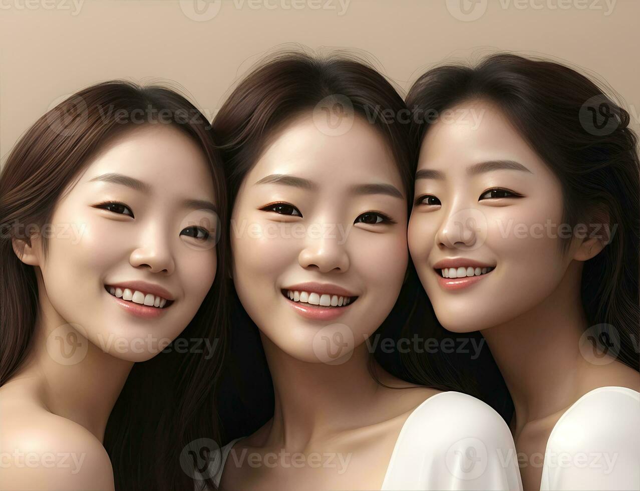 AI Generative, Nature young Beauty. Multi Ethnic Group of Womans with diffrent types of skin together photo