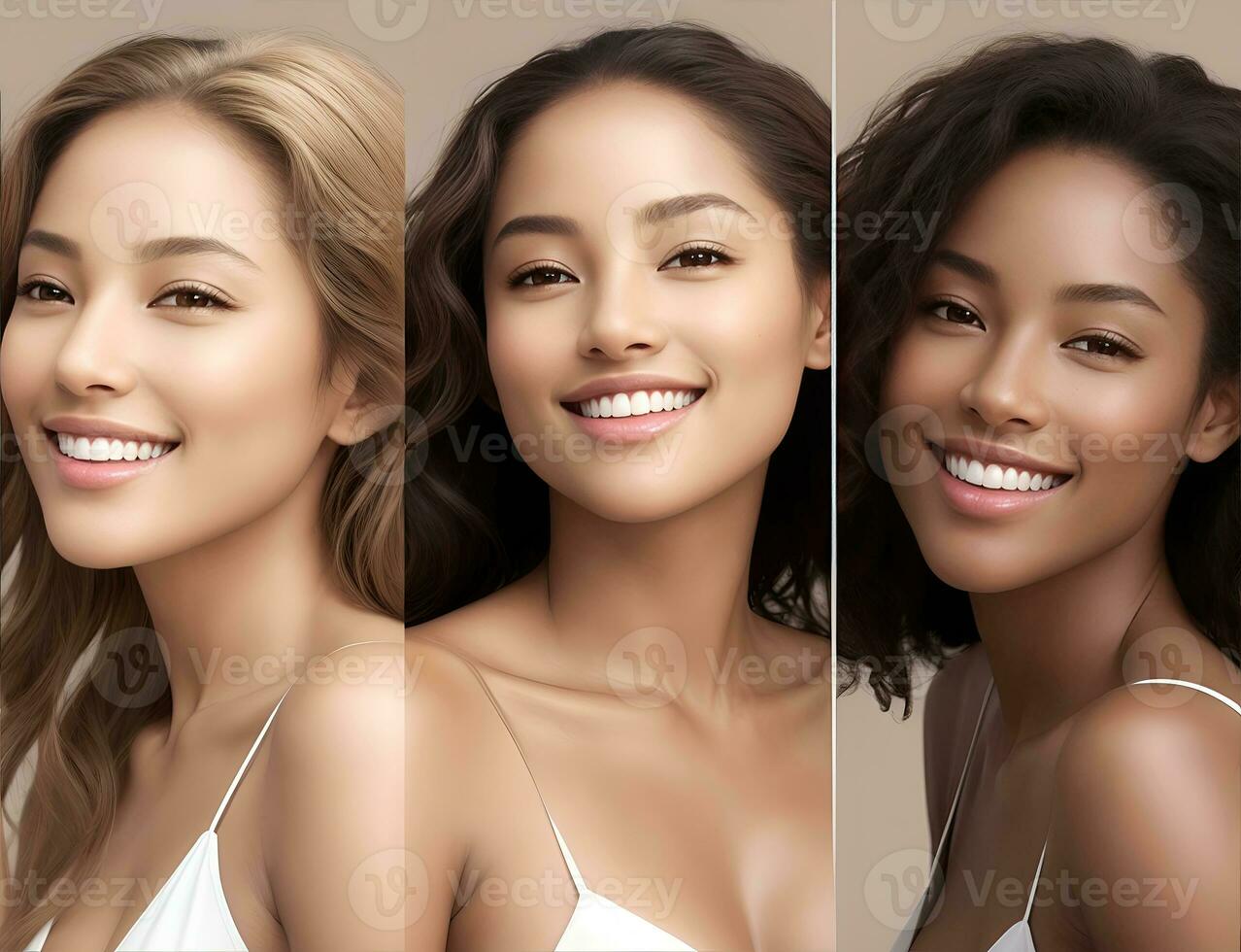AI Generative, Nature young Beauty. Multi Ethnic Group of Womans with diffrent types of skin together photo