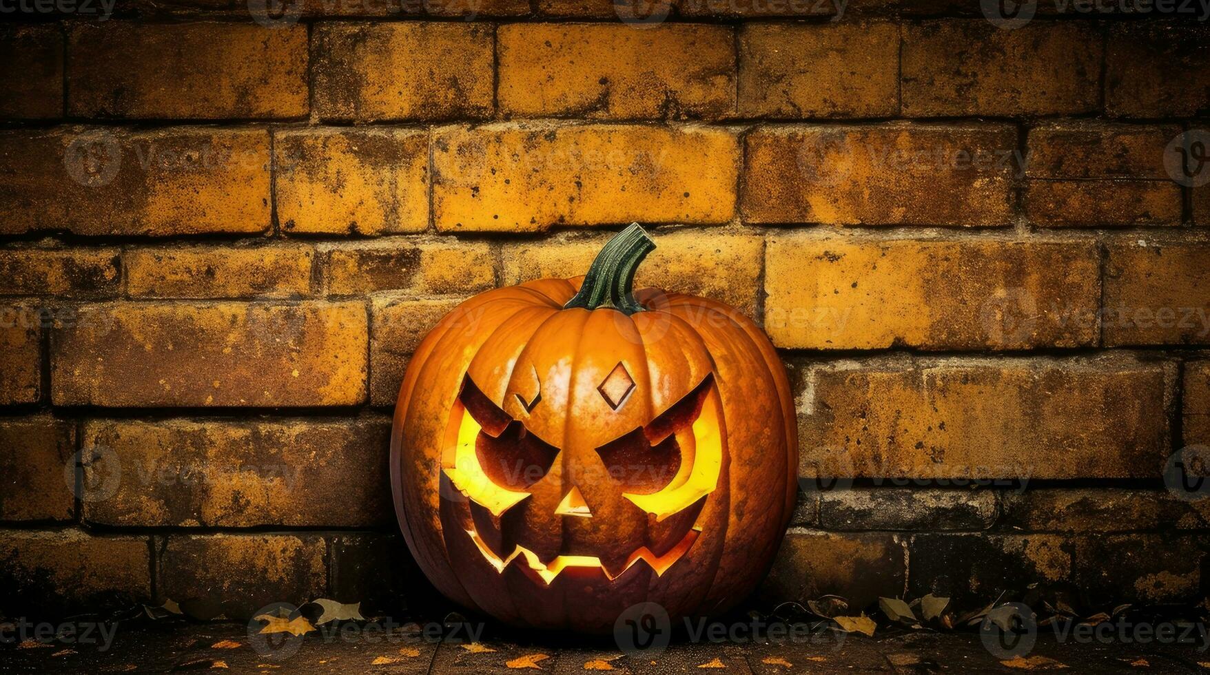 AI Generative, jack o lantern  on a brick wall for halloween day celebration photo